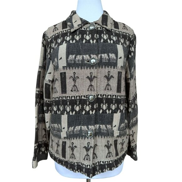 Chico's Wearable Art Aztec Tribal Print Woven Texture Button Front Jacket 0 XS-S - Picture 1 of 5